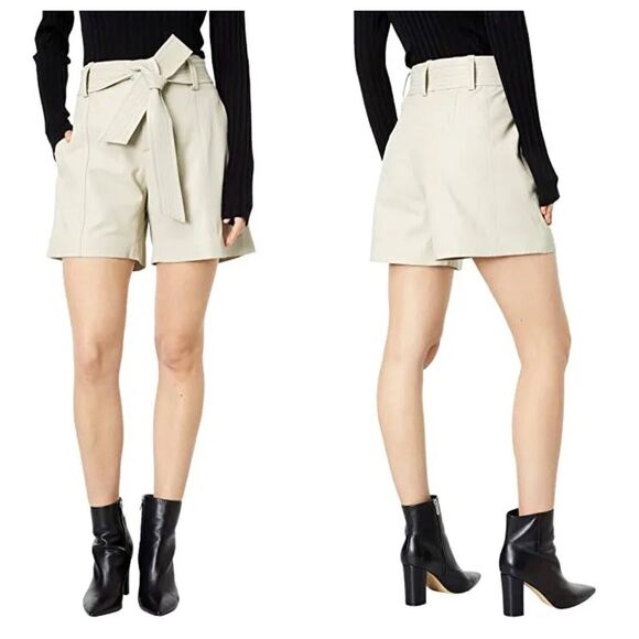 VINCE Womens 100% Lamb Leather Belted Shorts Size 12 In Light Dove New NWT - Picture 1 of 16